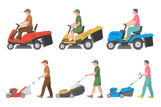 Set of Man with lawnmower Set of Man with lawnmower. flat style. isolated on white background mower blade stock illustrations