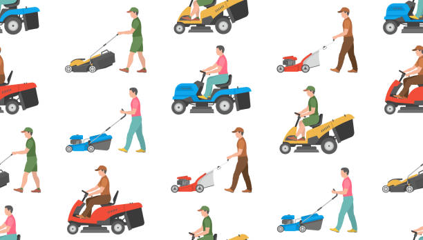 Seamless pattern with Man with lawnmower Seamless pattern with Man with lawnmower. flat style. isolated on white background mower blade stock illustrations