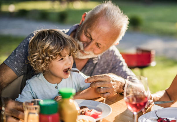 uśmiechnięty dziadek karmi swojego małego wnuka podczas obiadu w przyrodzie. - dining table child grandparent grandchild zdjęcia i obrazy z banku zdjęć