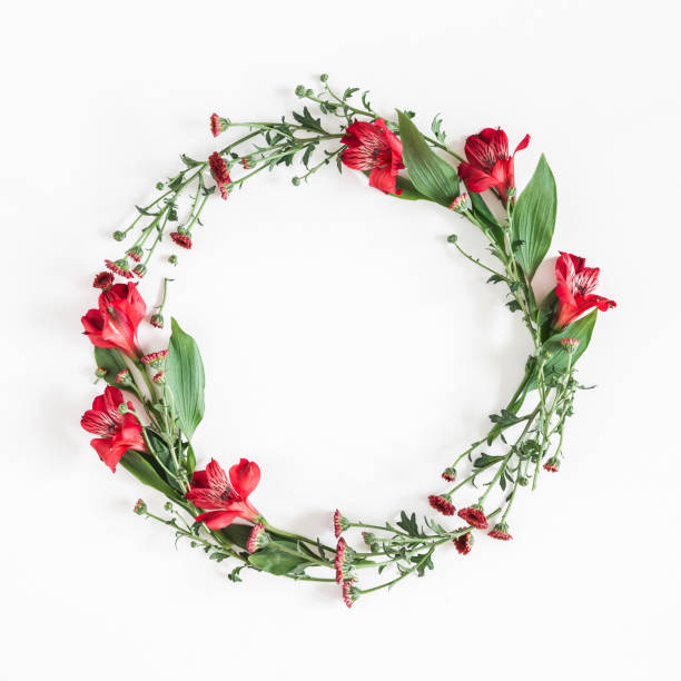 Flowers wreath on white background. Flat lay, top view