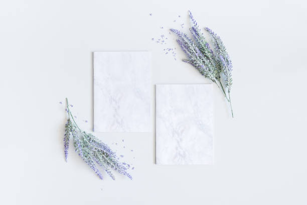 Lavender flowers, marble paper blanks. Flat lay, top view