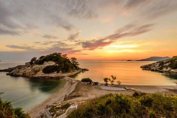 Beautiful sunrise in Kokkari village on Samos island, Greece