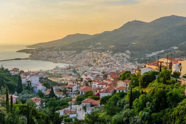View of Samos town at sunset, Samos island, Greece