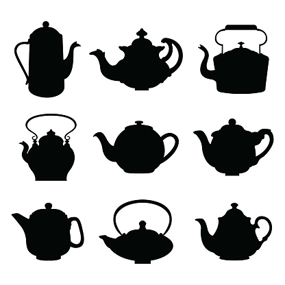 Set of isolated icon silhouette Kettles, Teapots, Coffee pot.  Abstract design logo. Logotype art - vector
