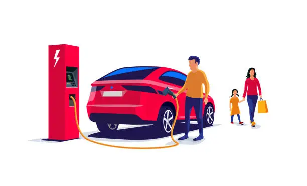 Vector illustration of Young Family with a Charging Electric Car Suv