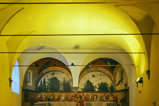 Refectory of the cenacle of Borgo Ognissanti with the fresco of the last supper of Ghirlandaio, Florence, Italy