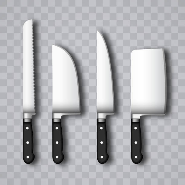 Knife Set transparent effect realistic vector set of kitchen knives realistic effect in vector format serrated stock illustrations