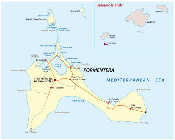 formentera road and beach map formentera road and beach vector map formentera island stock illustrations