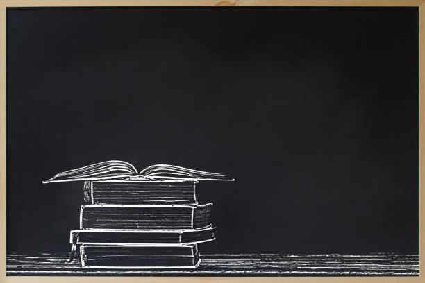 back to school advertising sale concept : black chalkboard frame with stacked and open books and copy space for text. education background for display or wallpapers. chalk board for education concept. - blackboard book education back to school imagens e fotografias de stock
