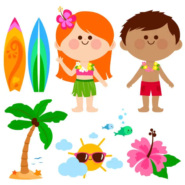 Vector illustration of Hawaii vacation children with swimsuits and hats. Beach summer vacation design elements.