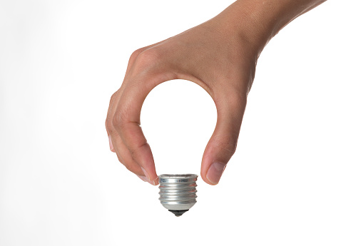 Human hand light bulb shape on white background.