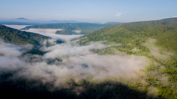istock Epic Aerial Flight Through Mountain Clouds on Sunrise Beautiful Morning. 1006466760