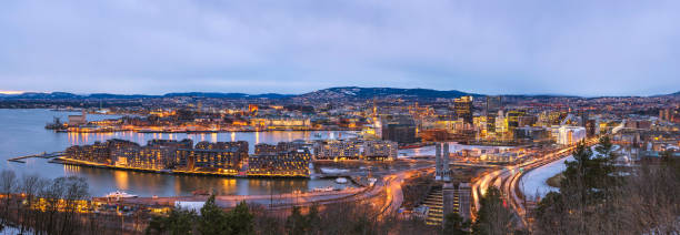 istock Oslo night aerial view city skyline panorama at business district and Bercode Project, Oslo Norway 1006477846