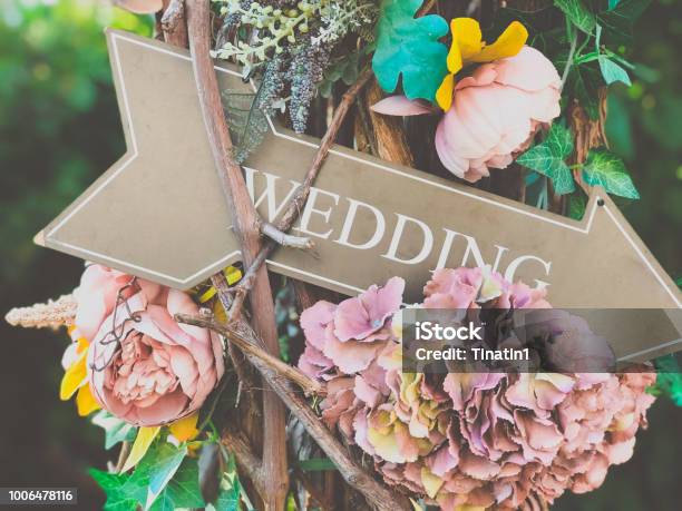 Wedding Flower Decor In The Summer Garden Stock Photo - Download Image Now - Wedding, Sign, Party - Social Event