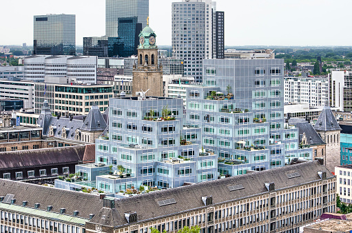 Rotterdam, The Netherlands, July 18, 2018: the Timmerhuis is a recent mixed use development by OMA combining an office building from the 1950's with a modern terraced building