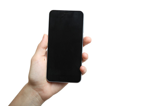 Smartphone in the left hand isolated on a white background