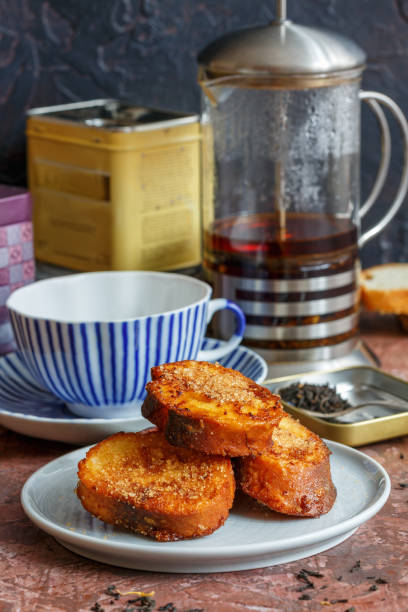 French baguette toast and tea for breakfast.