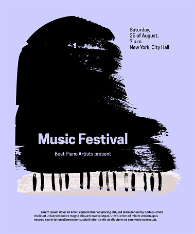 Music festival design template. Vector piano, painted with brush strokes and text on blue background.