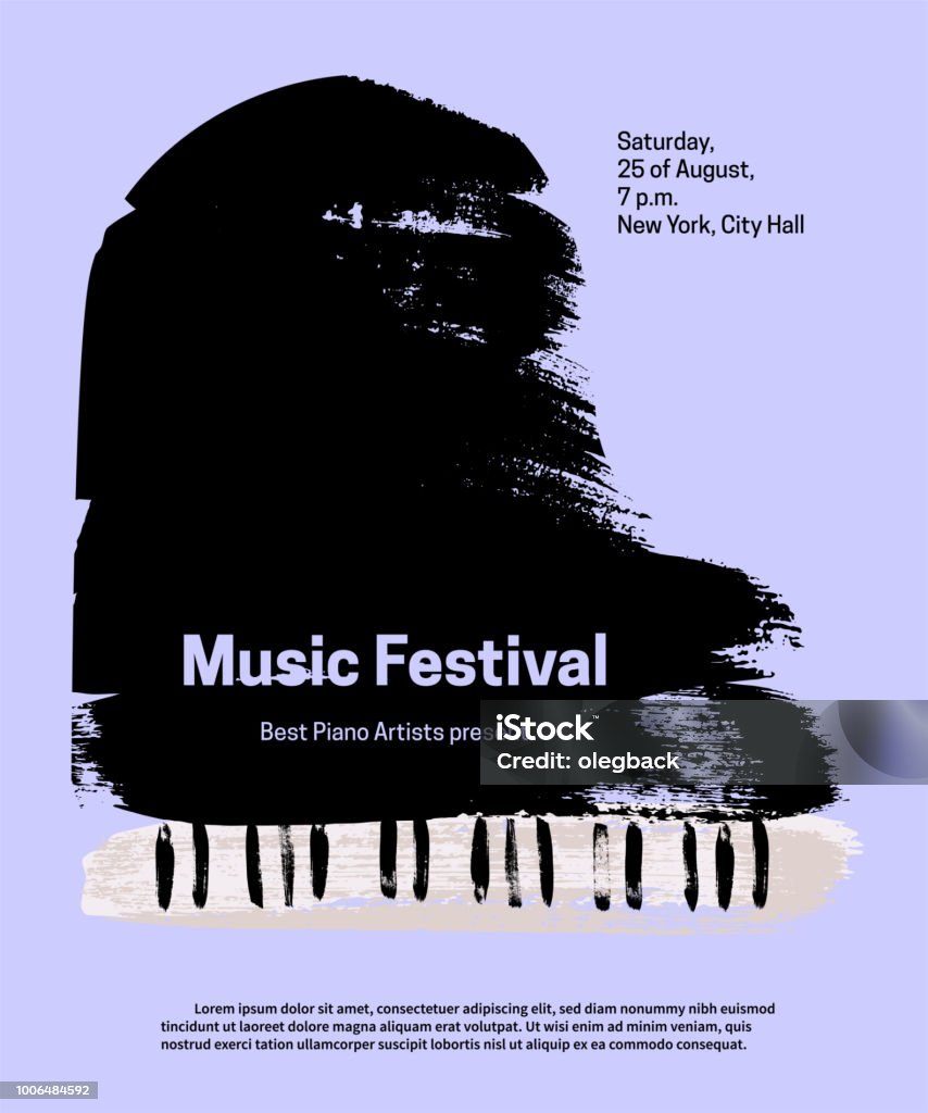 Music festival design template. Vector piano, painted with brush strokes and text on blue background. Piano stock vector