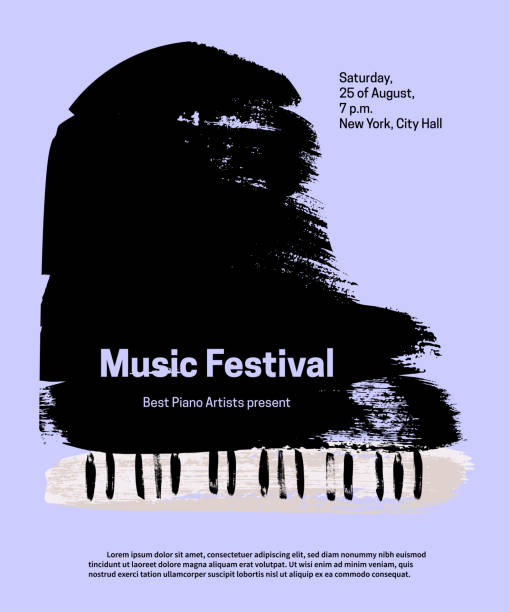 Music festival design template. Vector piano, painted with brush strokes and text on blue background. Music festival design template. Vector piano, painted with brush strokes and text on blue background. concert illustrations stock illustrations