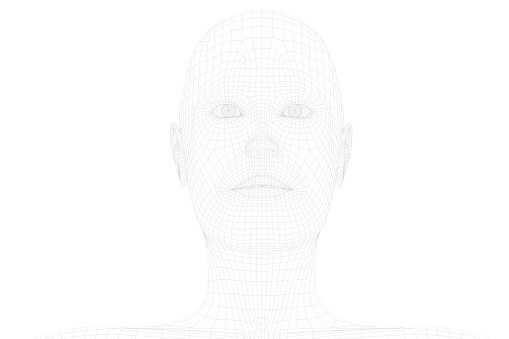 3D model of woman’s head. Isolated on black background.