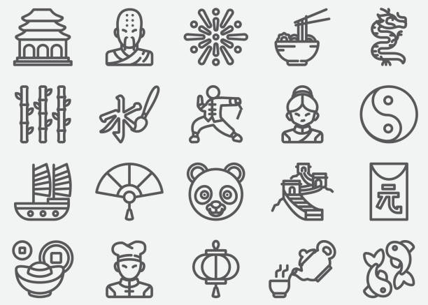 Chinese Culture Line Icons Chinese Culture Line Icons black and white travel travel destinations monk stock illustrations