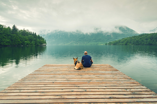 Man with dog sitting at wooden pier at Bohinj Lake, Slovenia.