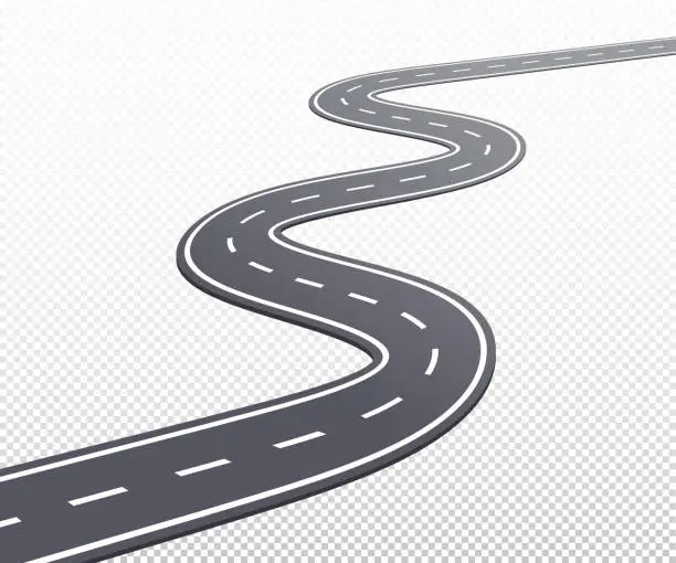 Vector illustration of Curved vector road or highway with markings.