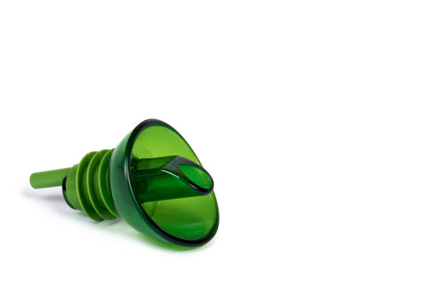 Empty transparent glass oil dispenser isolated on white background, copy space template.