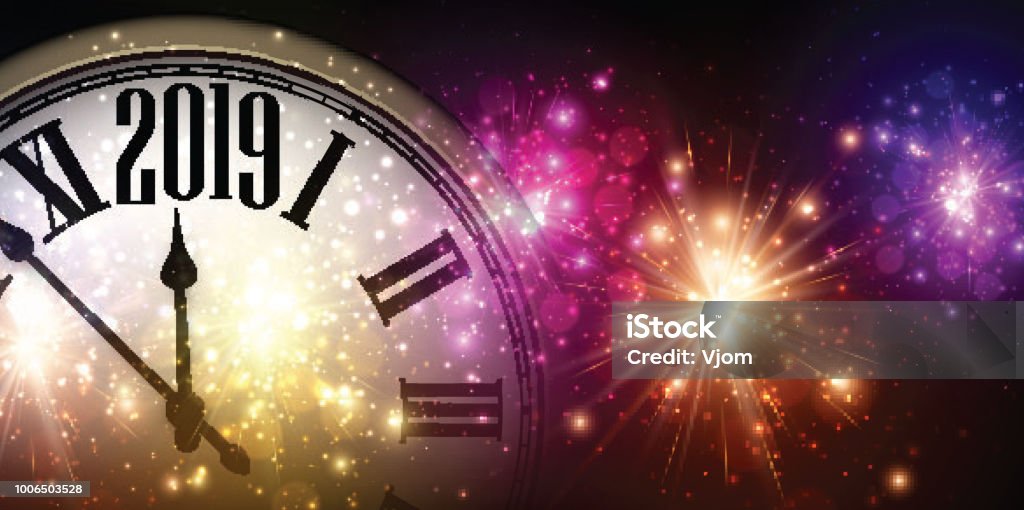 Sfondo Capodanno 2019 lucido con orologio e fuochi d'artificio. - arte vettoriale royalty-free di Fuochi d'artificio