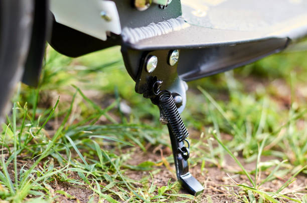 istock Black folding kick scooter, close up parts, treadle 1006504198