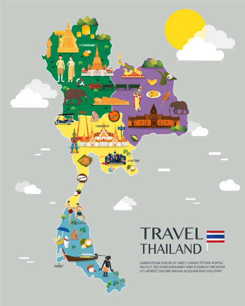 ilustraciones, imágenes clip art, dibujos animados e iconos de stock de mapa de tailandia con diseño de ilustración de coloridos monumentos - thailand