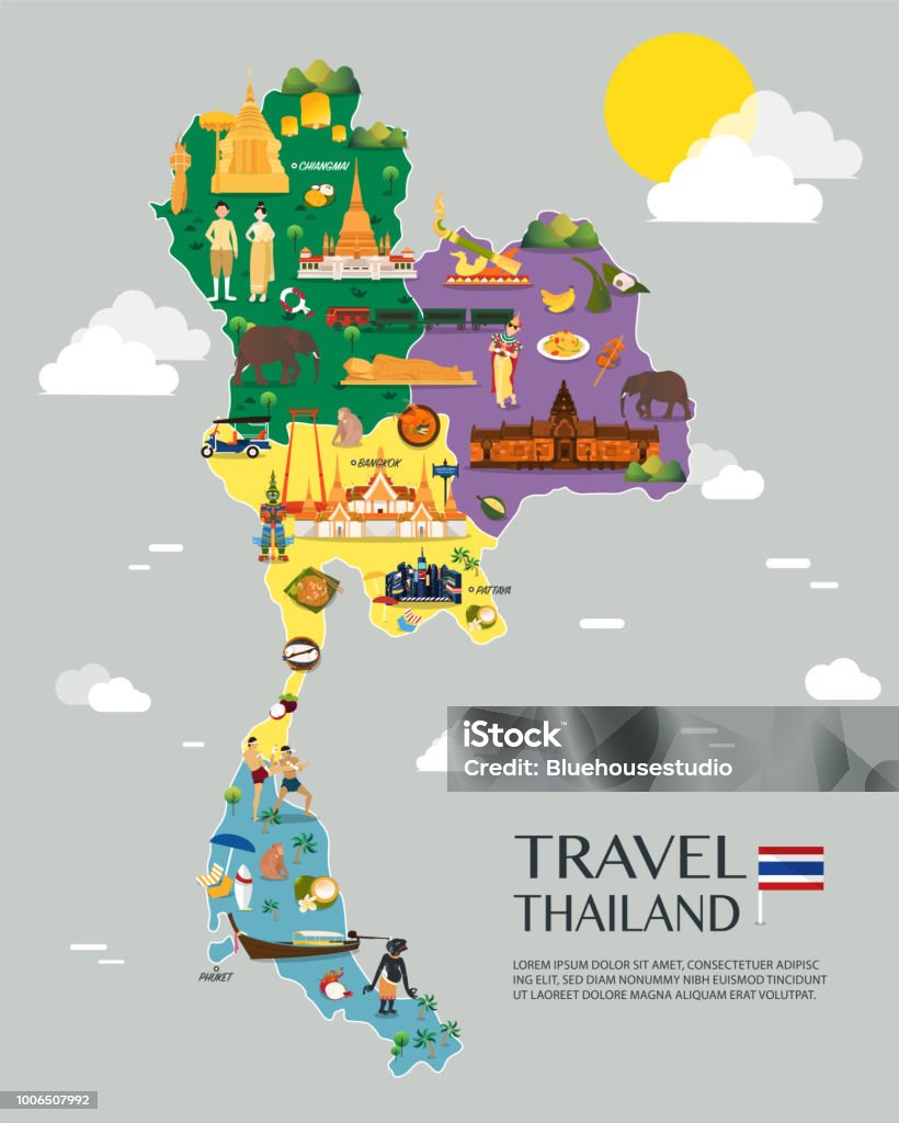 カラフルなランドマーク イラスト デザイン、タイ地図 - タイ王国のロイヤリティフリーベクトルアート