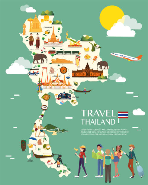 illustrazioni stock, clip art, cartoni animati e icone di tendenza di mappa della thailandia con design di illustrazione di punti di riferimento colorati - thailandia