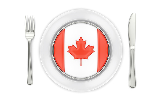 Plate and cutlery with round Canadian flag on white background, 3d render