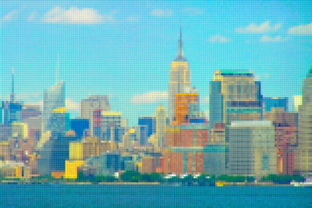 bildbanksillustrationer, clip art samt tecknat material och ikoner med manhattan waterfront - new york city (usa) - begreppet bild med effekt pixelering - manhattan skyline sunset