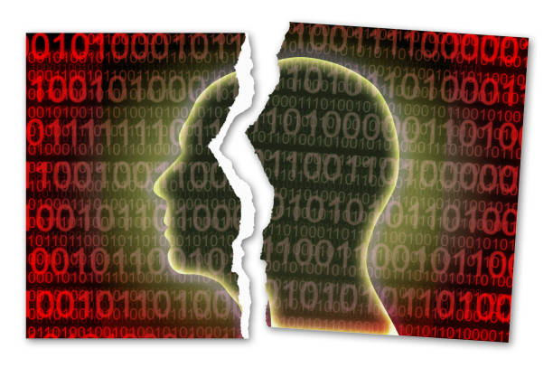 istock Fight against cybernetic crime - concept image with a ripped photo of a human head with binary code on the background 1006514702