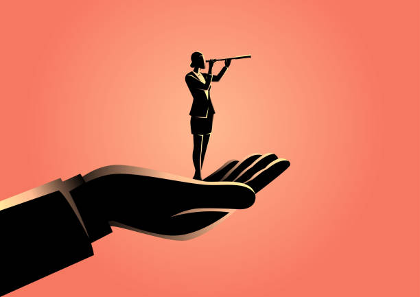 Hand holding a businesswoman using telescope Business concept illustration of a hand holding a businesswoman using telescope binoculars silhouettes stock illustrations