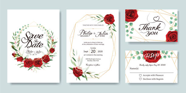 ilustraciones, imágenes clip art, dibujos animados e iconos de stock de invitación de la boda, excepto la fecha, gracias, plantilla de diseño de tarjeta rsvp. vector. - illustration technique leaf evergreen tree wedding