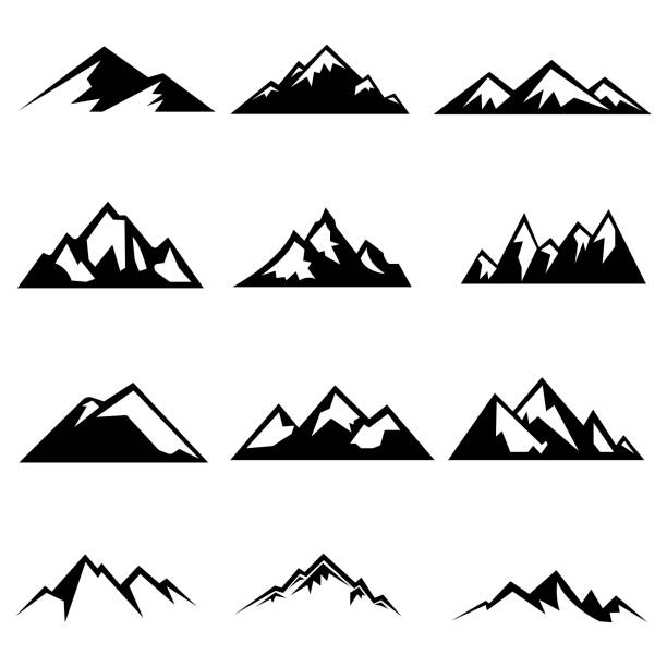 ilustraciones, imágenes clip art, dibujos animados e iconos de stock de conjunto de siluetas de las montañas - montaña