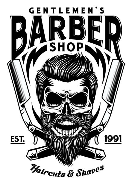 Vintage Barber barbu crâne avec des rasoirs croisées - Illustration vectorielle