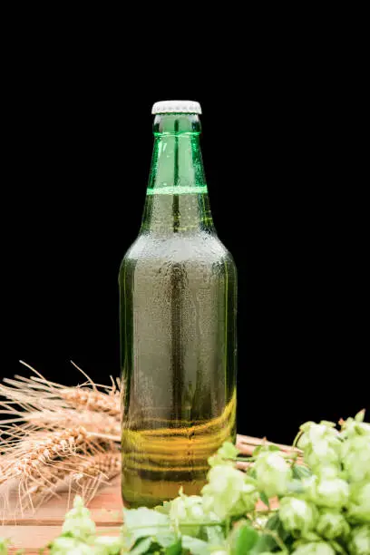 Photo of a bottle of beer with hops and wheat on a table