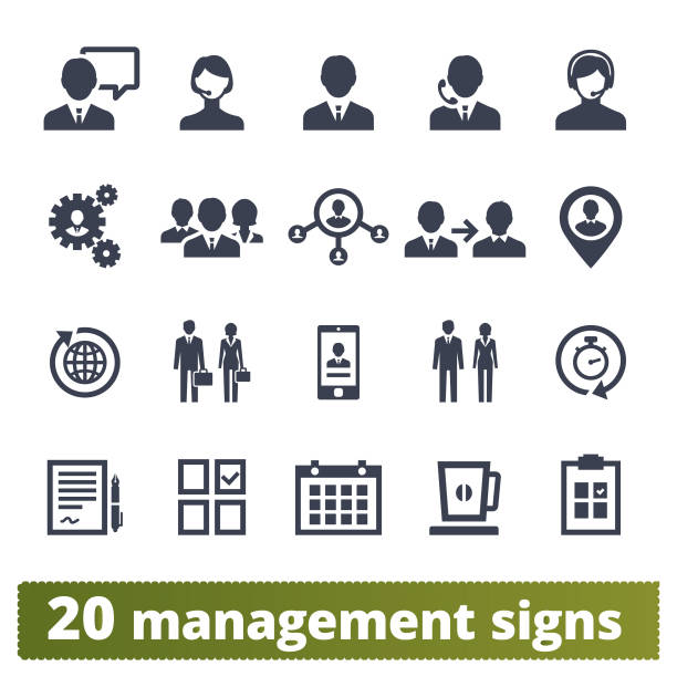 Business People, Management And Teamwork Icons Management, human resources, team work icons vector icons set. Business strategy, project developing, ceo and office people pictograms. Isolated on white background. business people icon stock illustrations