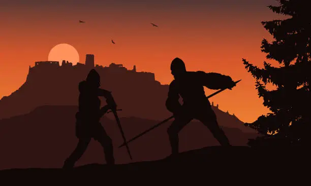 Vector illustration of Silhouettes of two warriors fighting in a forest under the ruins of a medieval castle - vector - Slovakia, Spis castle