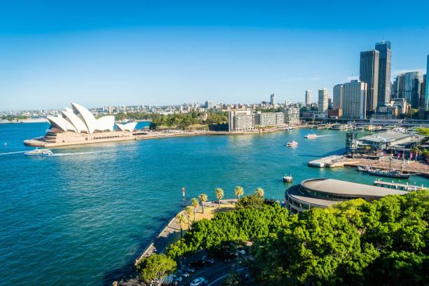 General view of Sydney towers and opera and harbour in the summer stock photo
