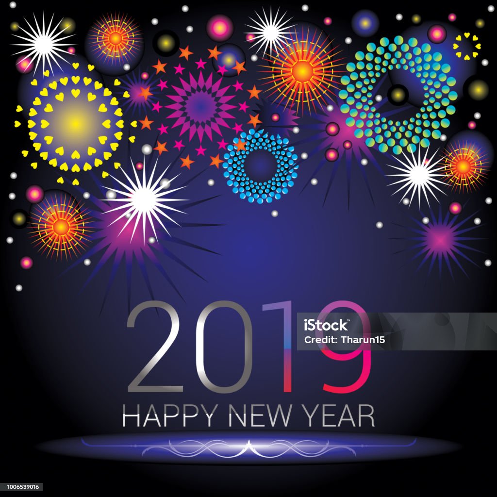 Happy New Year numerals 2019 with colorful fireworks design Happy New Year numerals 2019 with colorful fireworks design on an blue black gradient background New Year's Eve stock vector