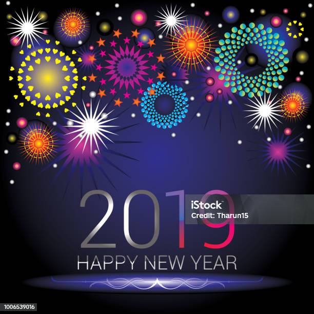 Happy New Year Numerals 2019 With Colorful Fireworks Design Stock Illustration - Download Image Now