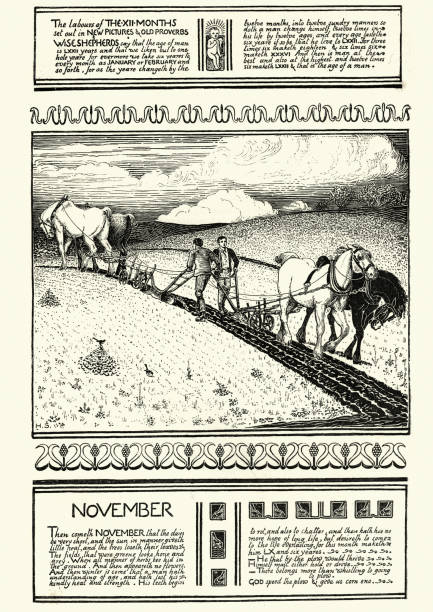 Vintage engraving of a scene from the mouth of November, Farmers Tilling a field. 19th Century