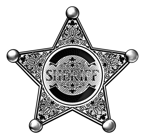 ilustraciones, imágenes clip art, dibujos animados e iconos de stock de insignia de sheriff star grabado estilo - scratchboard