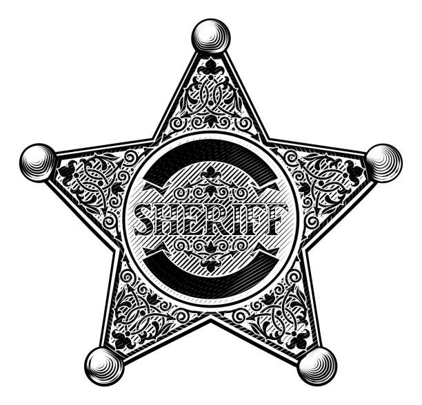 ilustrações de stock, clip art, desenhos animados e ícones de sheriff star badge etched style - police badge badge police white background